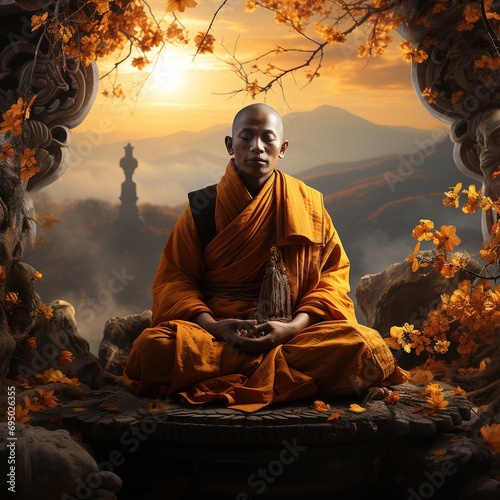 Buddhist monk in meditation on the background of a beautiful sunset on a high mountain