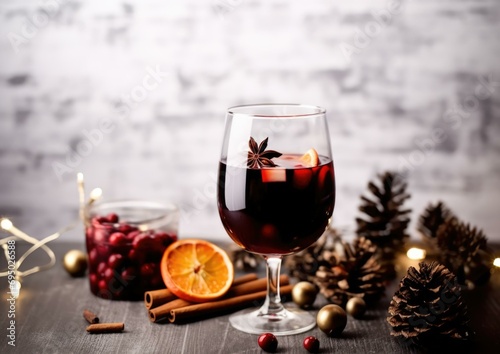 A glass of mulled wine with spices and oranges. Generative AI.