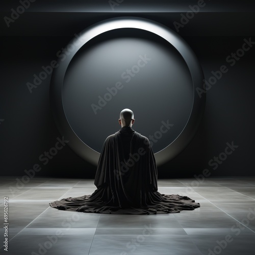 buddhist monk in meditation pose over black background