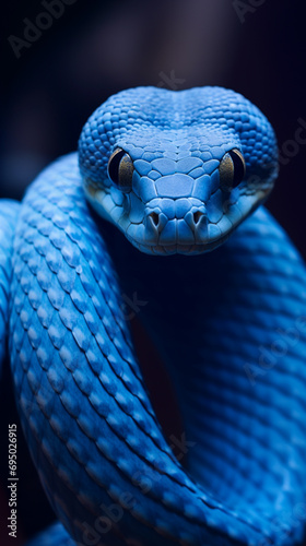 A close up shot of a blue snake