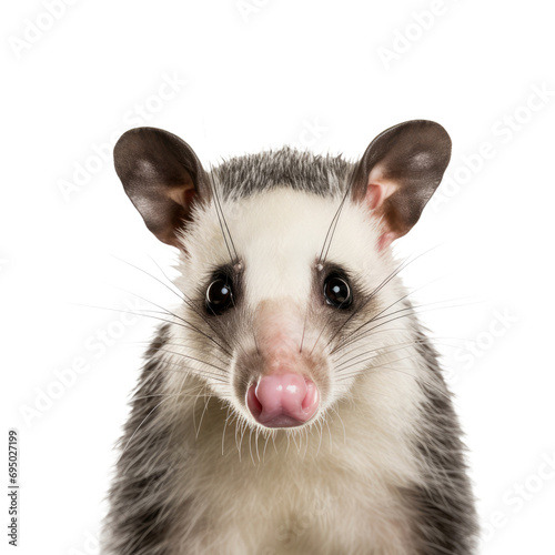Opossum face shot isolated on white or transparent background