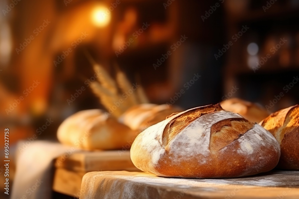 Fresh round bread on the table close-up. Freshly baked healthy bread with a crispy crust on a bakery table. Production of bakery products