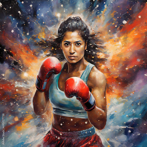 An impressive oil painting depicting a fantastic boxer in the form of a nebula explosion © HappymanPhotography