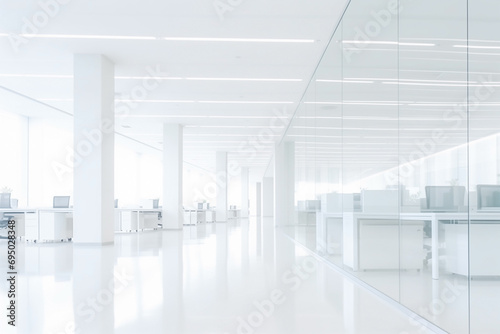 office blurred empty, open space, light bokeh, interior background for design, columns, tables and chairs