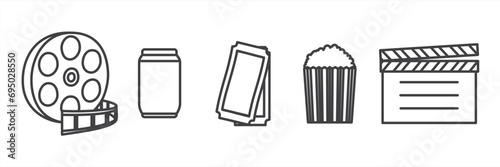Cinema icons collection. Movies vector. Movie elements. Simple Cinema movie signs. Isolated Cinema movie on transparent background.
