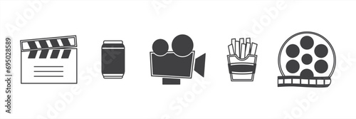 Set of Cinema icons. Movies vector. Movie elements. Simple Cinema movie signs. Isolated Cinema movie on transparent background.