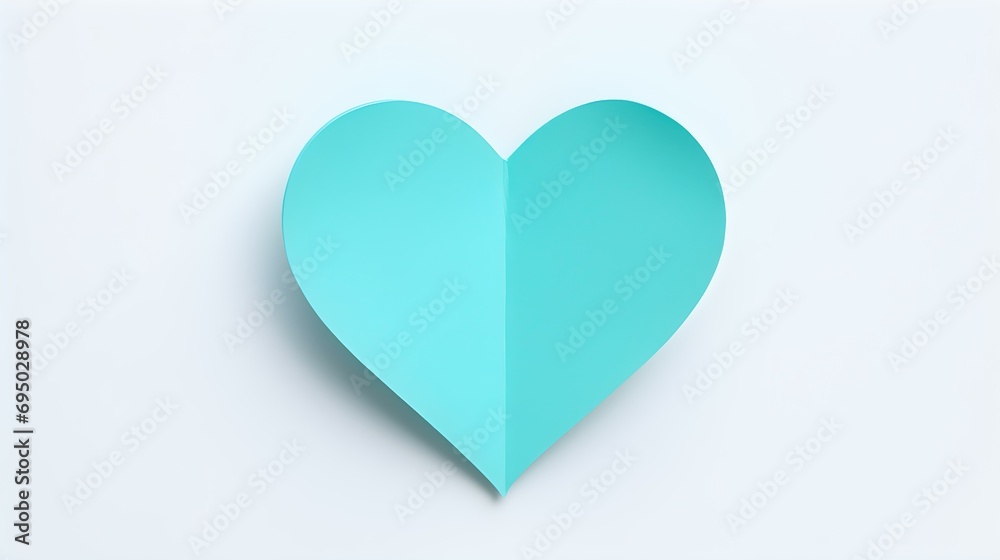 Cyan Paper Heart on a white Background. Romantic Template with Copy Space
