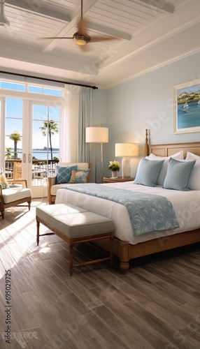 The interior of Coastal Serenity Suite  adorned with coastal-inspired decor and bathed in natural light  creating a serene and inviting atmosphere.