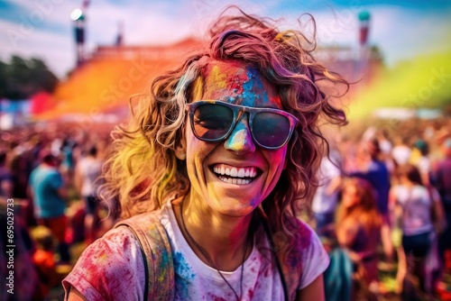 Portrait of smiling young woman wearing sunglasses covered with holi color