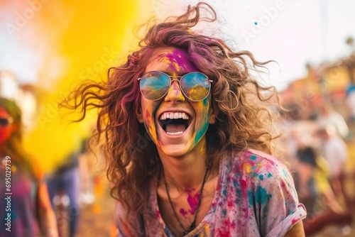 Portrait of smiling young woman wearing sunglasses covered with holi color