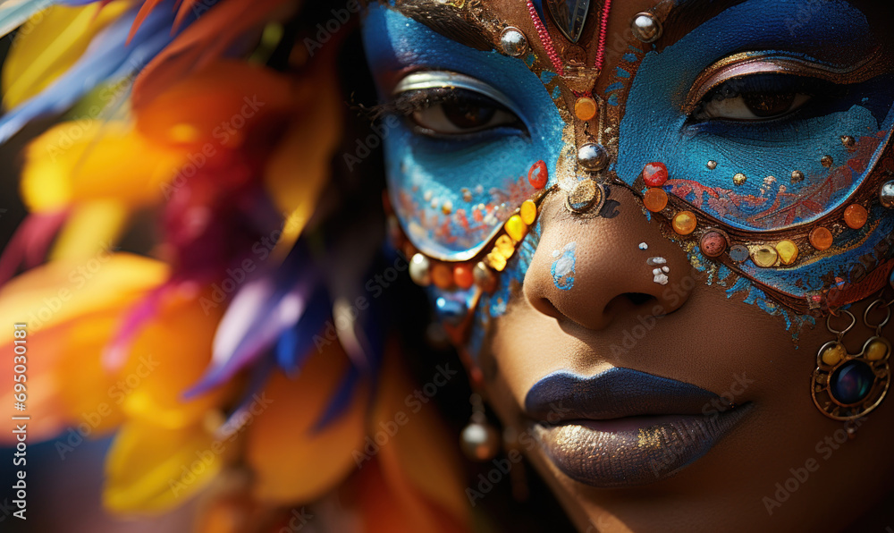 carnival, portrait of an actress dancer in makeup and outfit attracts spectators and tourists to entertainment and fun.​