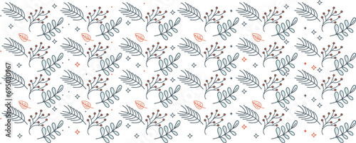 Fototapeta Naklejka Na Ścianę i Meble -  Cute hand drawn seamless Christmas garland with fir and flowers, repeat border, great for cards, invitations, textiles, banners, wallpapers - vector design