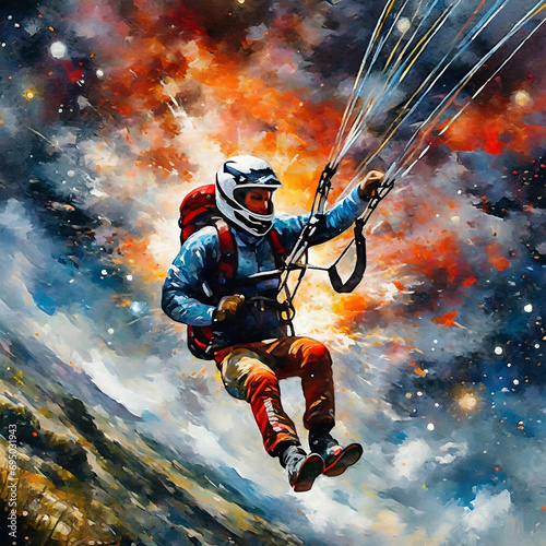 An impressive oil painting depicting a fantastic paraglider in the form of a nebula explosion
