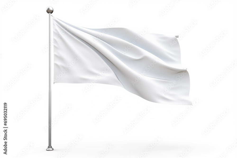 flag white clean fluttering on wind straight smooth with folds on flagpole, isolated, empty