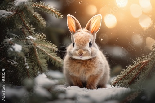 rabbit in the christmas forest, new year's picture