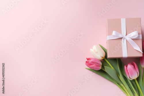 pink gift box with ribbon bow and bouquet of tulips, pastel background with copy space, top view, fantasy © -=RRZMRR=-
