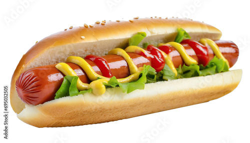 Classic hot dog with ketchup and mustard - isolataed on transparent background. cut out