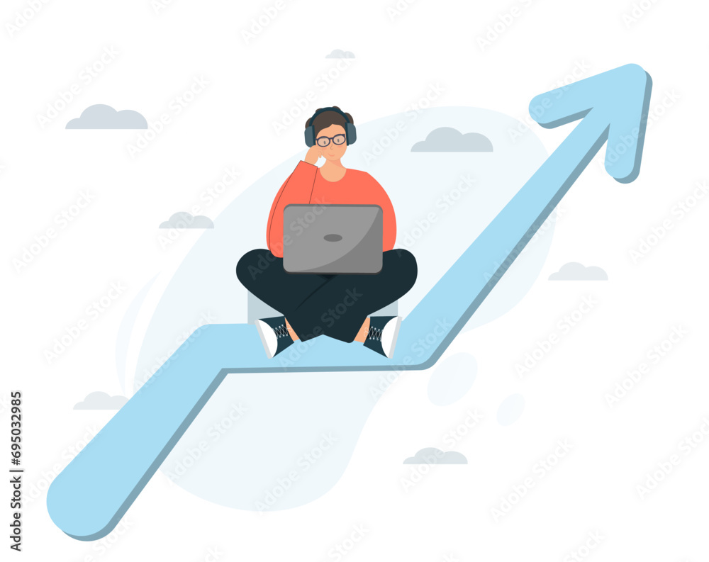 Person working with laptop, educational progress, business planning, working progress, freelance work, flat vector illustration Person working with laptop, educational progress, business planning, working progress, freelance work, flat vector illustration