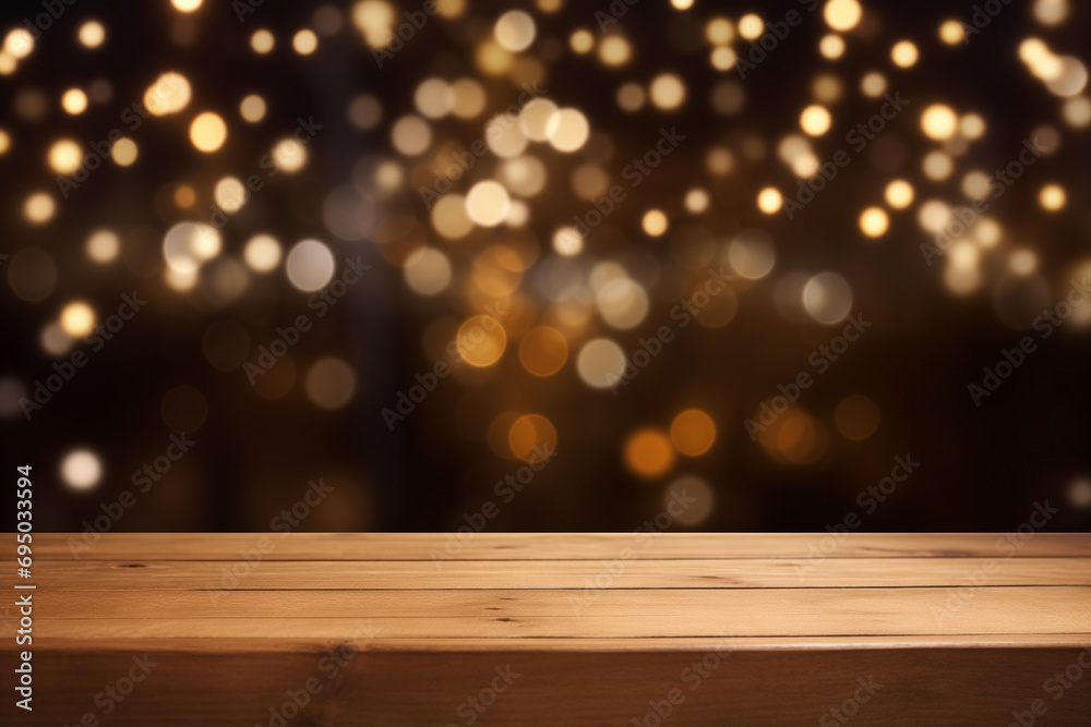 wooden coupled parallels plank countertop empty, background blurred with round lights