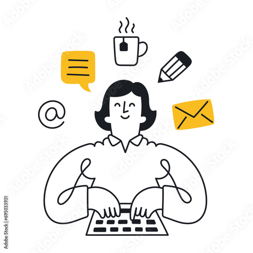 Office girl. Day in office. Outline, linear, thin line, doodle art. Simple style with editable stroke.