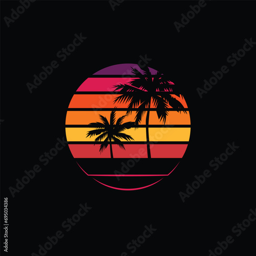 Original vector illustration in neon style. Palm trees on the background of a neon sunset in the retro style of the 80's. T-shirt design.