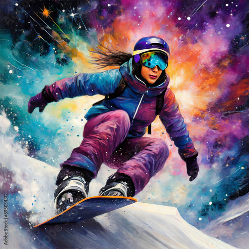An impressive oil painting depicting a fantastic snowboarder in the form of a nebula explosion © HappymanPhotography