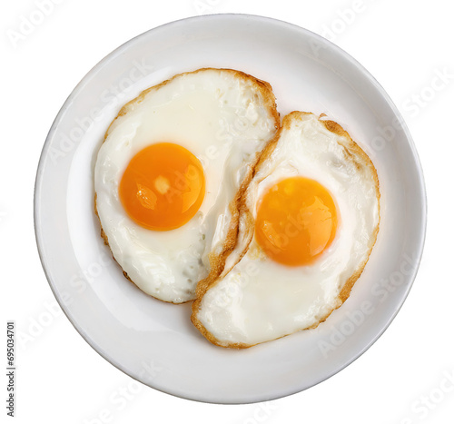 fried egg on white plate isolated on transparent background, top view 
