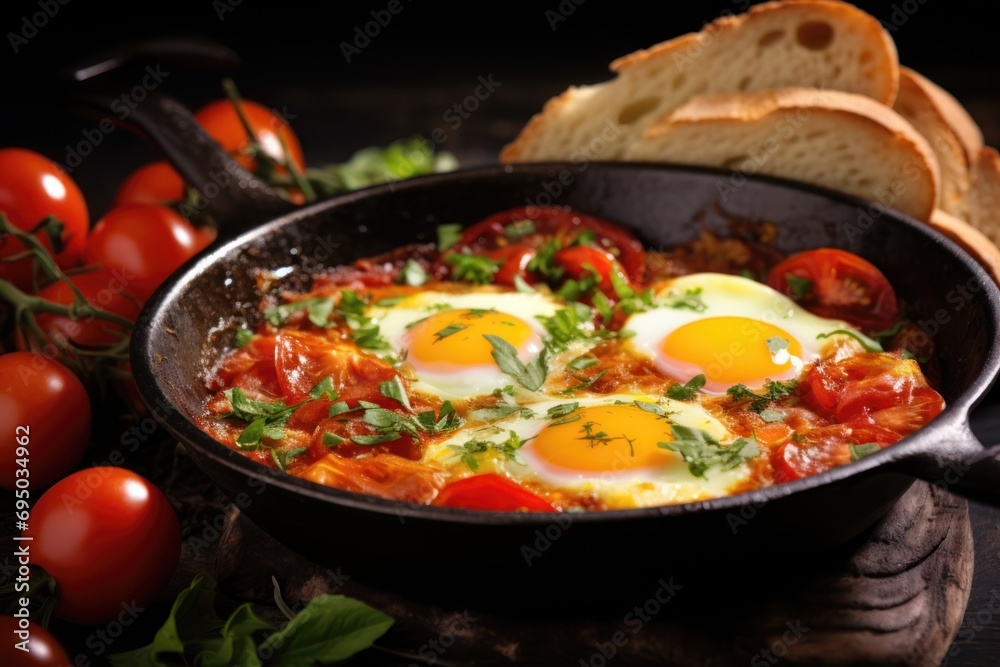 A skillet with eggs, tomatoes, and bread.