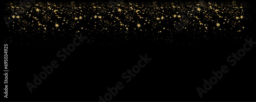 Shimmer gold Glitter golden star and light wave. Golden Holiday banner with glow particle shimmer gold. Sparkle gold bokeh. Luxury background. Golden star effect. Festive party. Twinkle flash. 