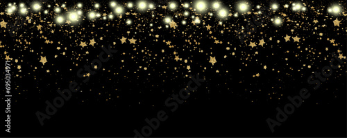 Shimmer gold Glitter golden star and light wave. Golden Holiday banner with glow particle  shimmer gold. Sparkle gold bokeh. Luxury background. Golden star effect. Festive party. Twinkle flash. 