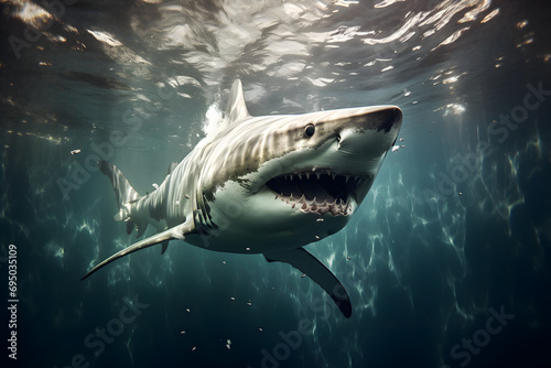 Shark swimming in water, shark, great white shark, underwater fish, shark teeth © MrJeans
