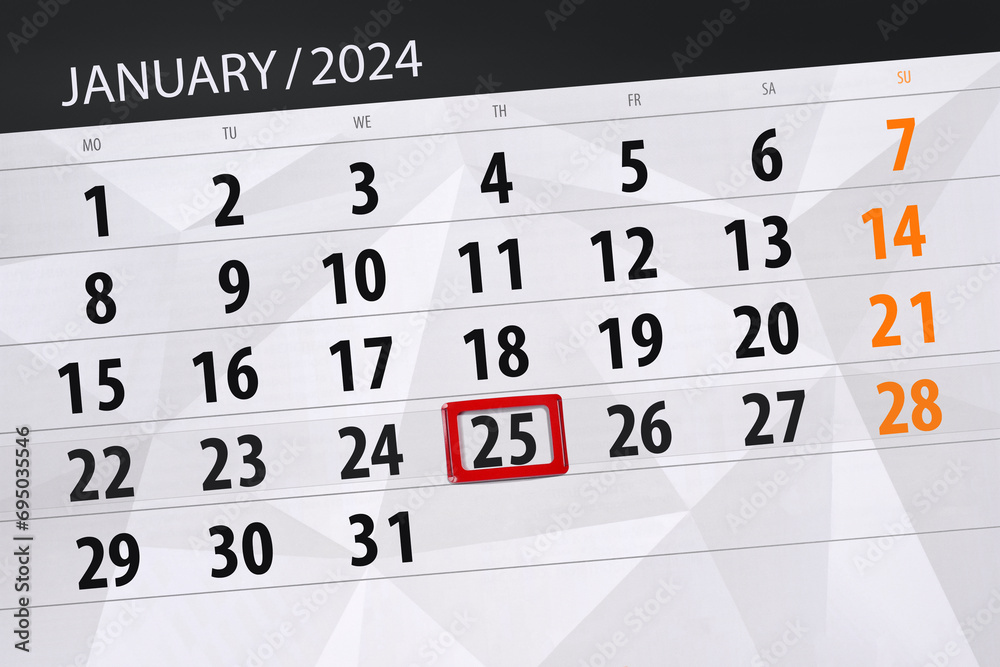 Obraz premium Calendar 2024, deadline, day, month, page, organizer, date, January, thursday, number 25