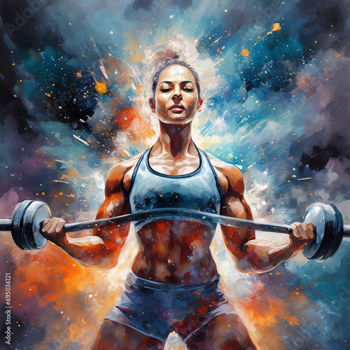 An impressive oil painting depicting a fantastic weightlifter in the form of a nebula explosion