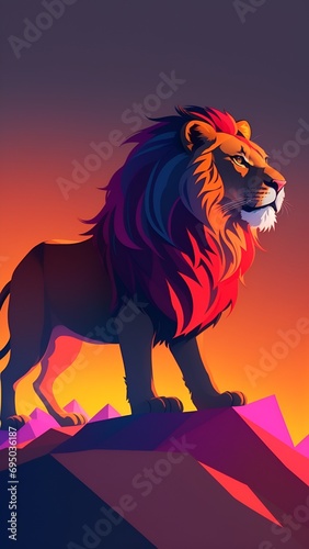 Funny cartoon creature with cute animal representation in wildlife habitat. A majestic lion standing on a mountain, with a low poly style. Roaring with pride in its natural habitat.