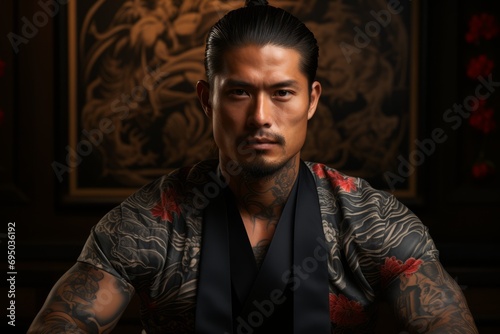 A man with yakuza style tattoos. dangerous people, concept: mafia and criminal gangs in Japan. 