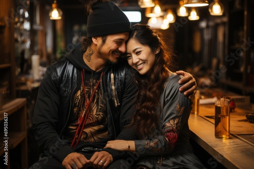 Japanese couple in traditional clothes hugging in front of a dark bar. Concept: a story about love, cultural traditions and elegant events 
