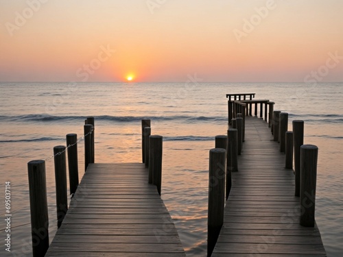 Wooden pier on the beach at beautiful sunset in the evening