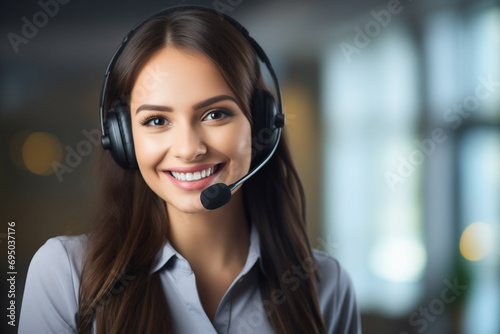 happy smile woman brown-haired woman in gray blouse from call center with headphones with microphone, blurred background