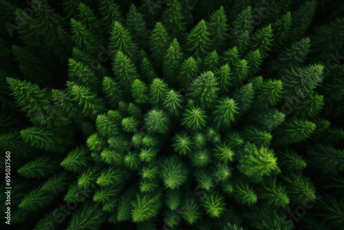 coniferous green forest, pines, top view, aero