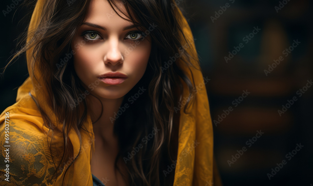 Mysterious woman with piercing gaze, draped in golden shawl, embodying enigmatic allure with her dark hair and intense, captivating eyes