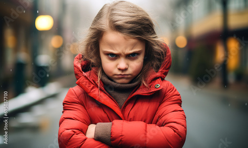 Stern-faced little girl in red winter jacket crossing arms in a defiant pose on a cold, blurred urban street background photo
