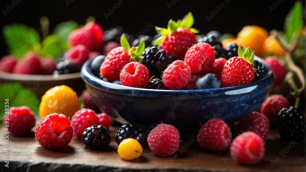 vibrant colors, textures, and variety of berries captured in an image, highlighting their unique shapes and the natural beauty of the arrangement AI-generative