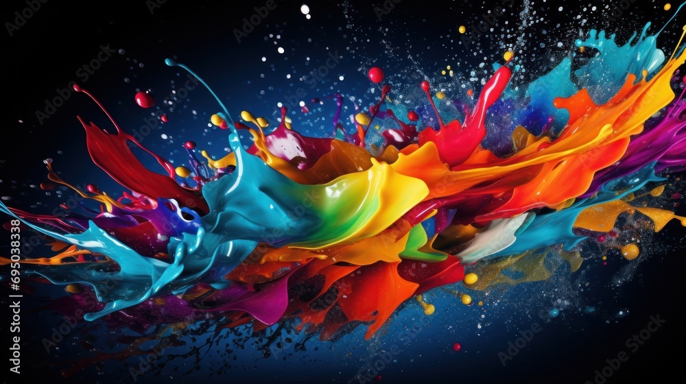 Colorful splash of multicolored paint scatters directions on dark background