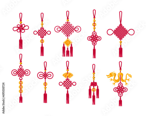 Cartoon Color Chinese Tassels Traditional Set Celebration Concept Flat Design Style Chinese Characters mean Happy. Vector illustration of Red Asian Knot