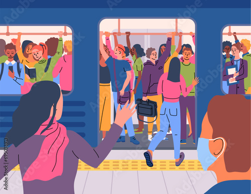 Cartoon Color Characters People and Crowded Subway Train Concept Flat Design Style. Vector illustration of Public Transport