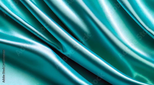 Turquoise satin fabric close up.