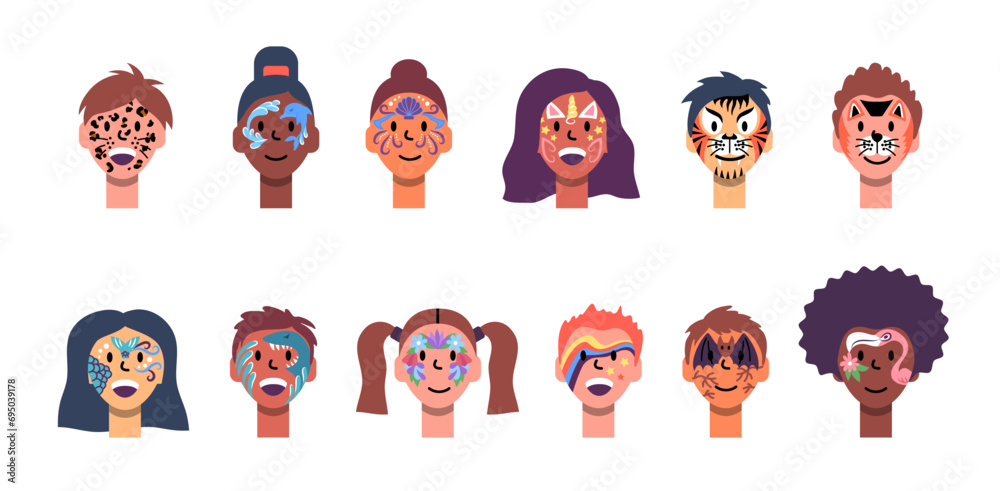 Cartoon Color Characters People Kids Faces and Face Painting Concept Flat Design Style. Vector illustration of Fun Party Makeup Cartoon Color Characters People Kids Faces and Face Painting Concept Flat Design Style. Vector illustration of Fun Party Makeup