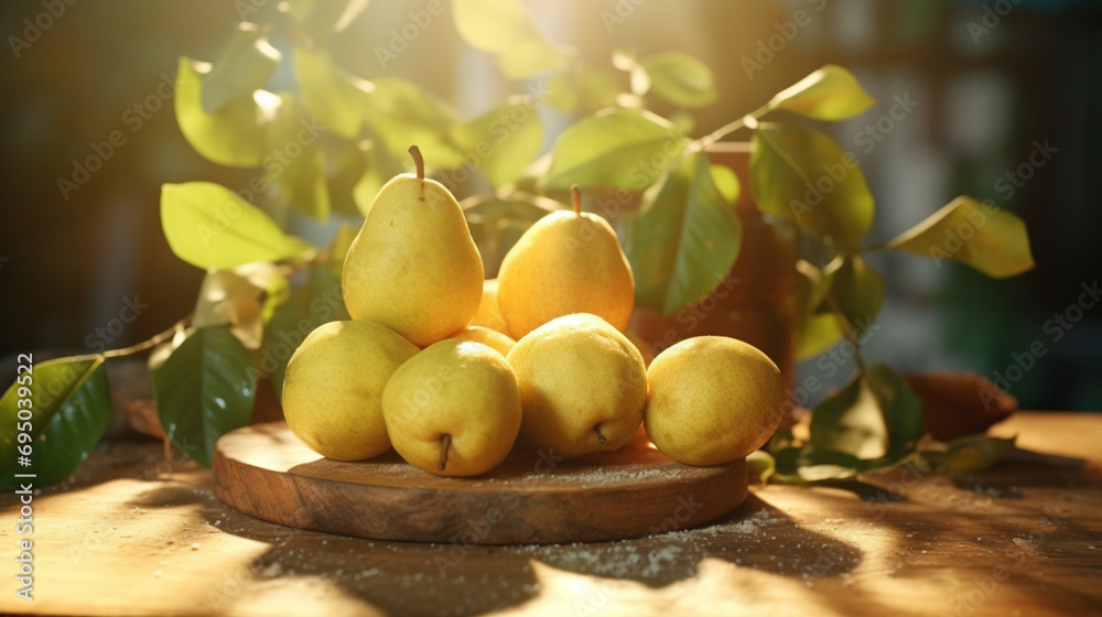 Fruit menu organic Chinese pear product on the chopping block with sunshine. Created using generative AI.