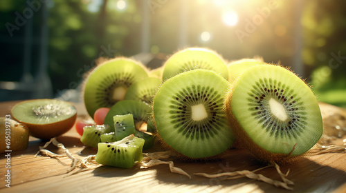 Close up fresh healthy kiwi on the wood table with sun light. Created using generative AI. photo
