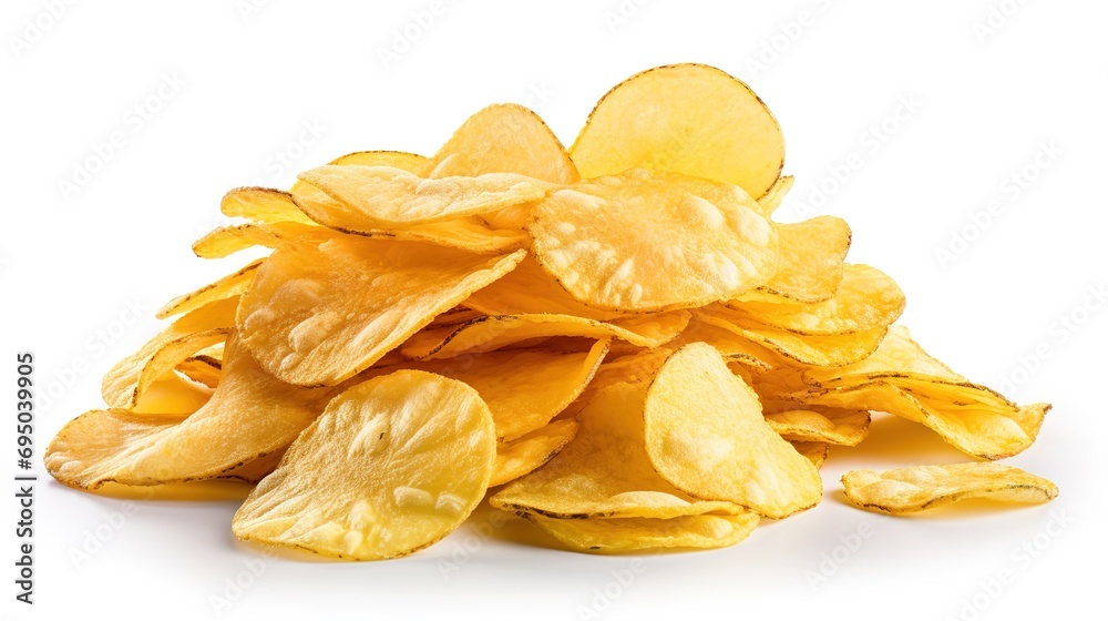 Pile of potato chips or crisps, crispy and delicious crisps, a popular snack food enjoyed worldwide, isolated on a white background Pile of potato chips or crisps, crispy and delicious crisps, a popular snack food enjoyed worldwide, isolated on a white background